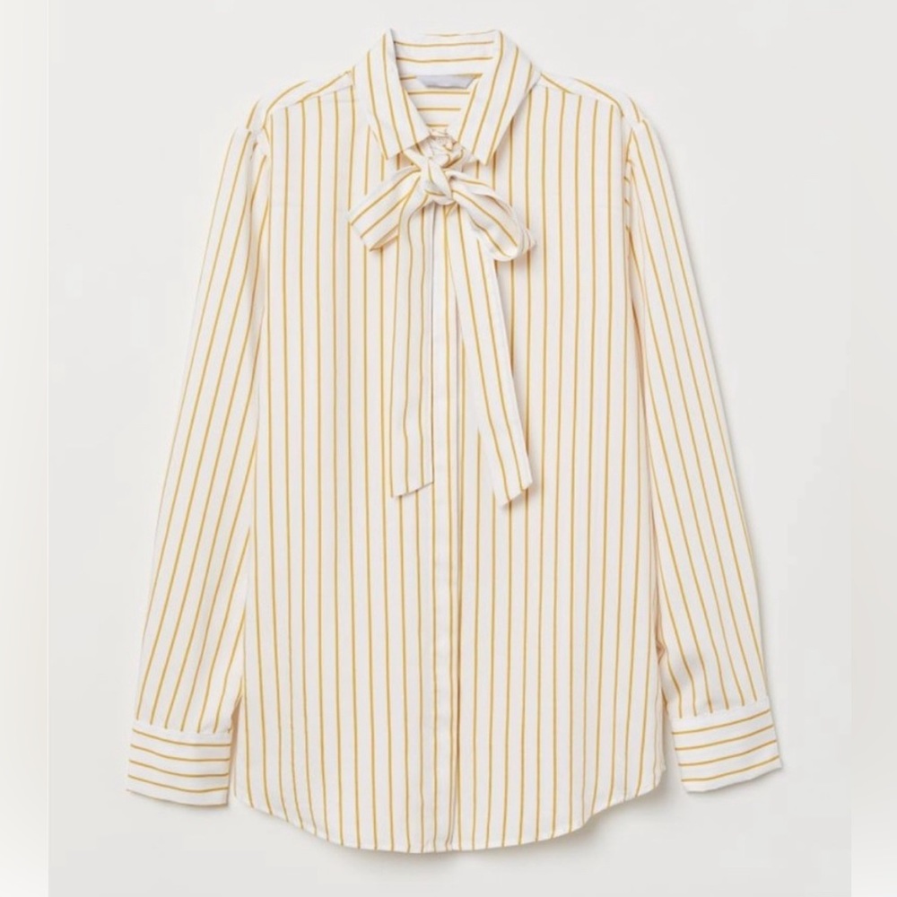 H&M striped button up covered placket shirt w/ detachable neck tie bow